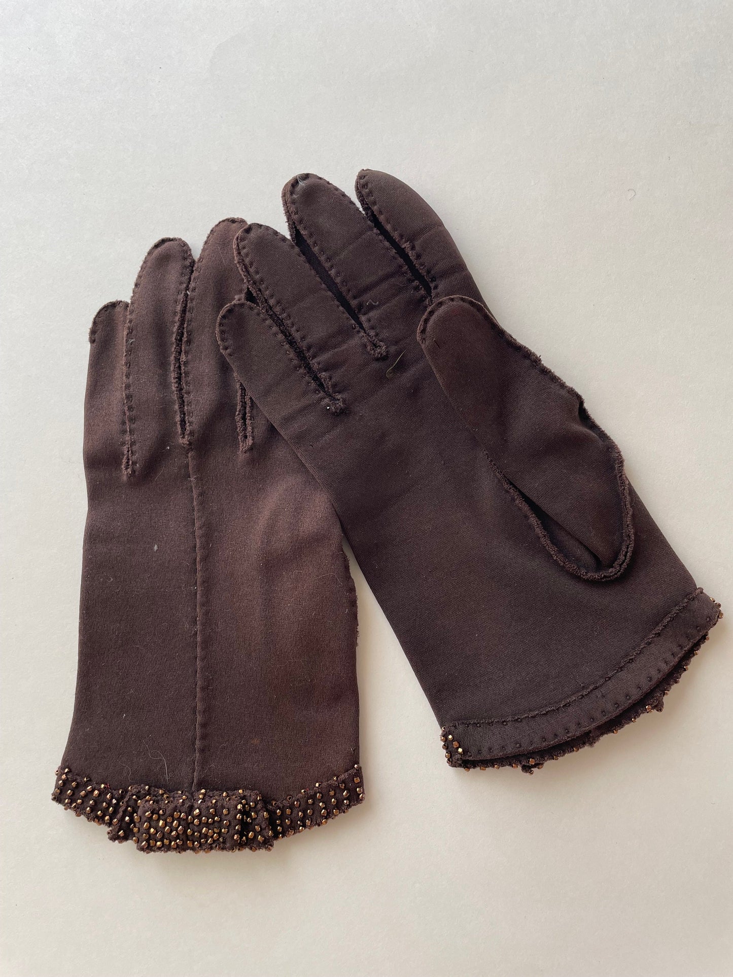 1950s Brown Beaded Gloves, Size 6.5