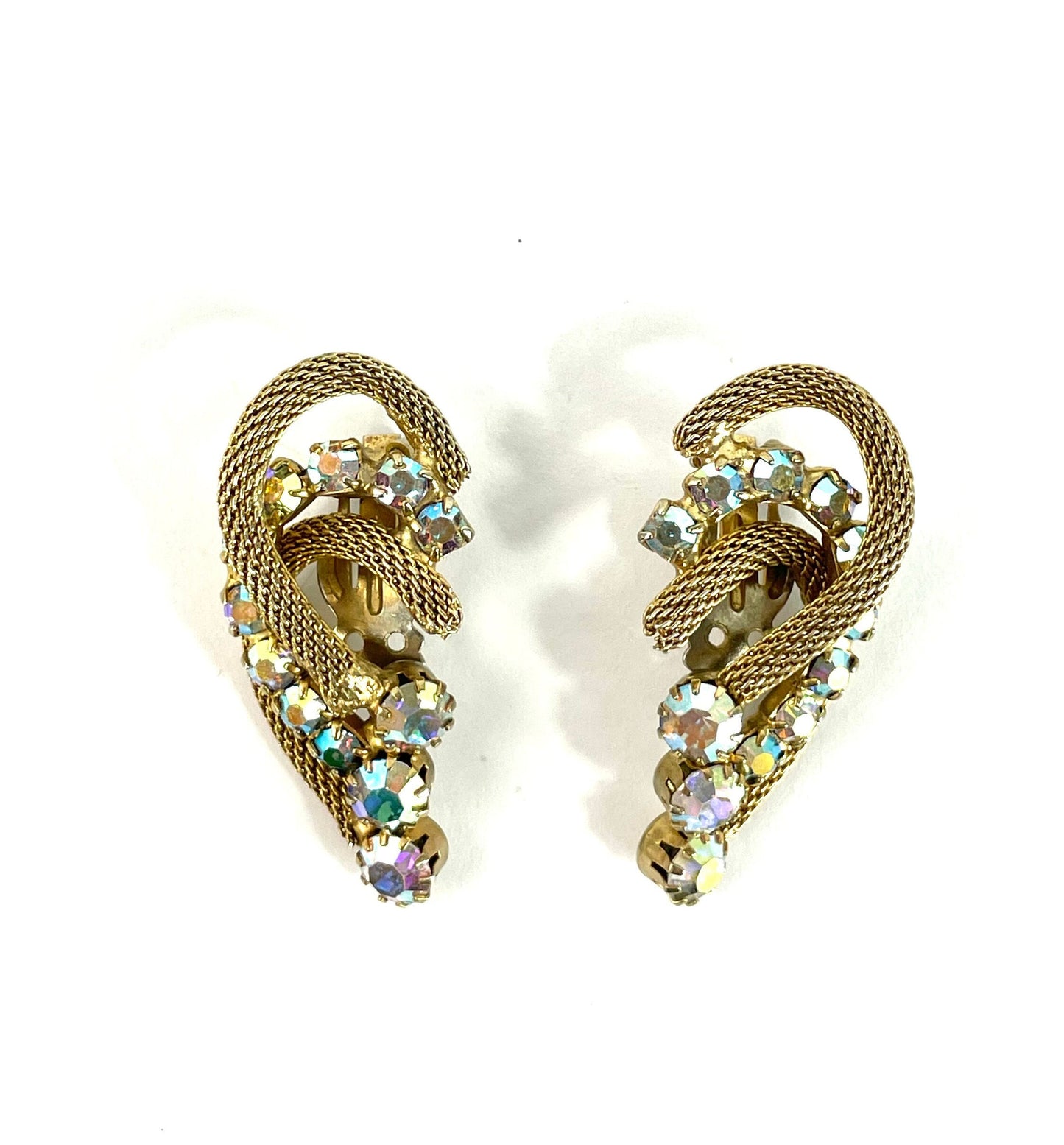 1950s Gold Mesh & Rhinestone Earrings | 50s Aurora Borealis Rhinestone Clip Earrings