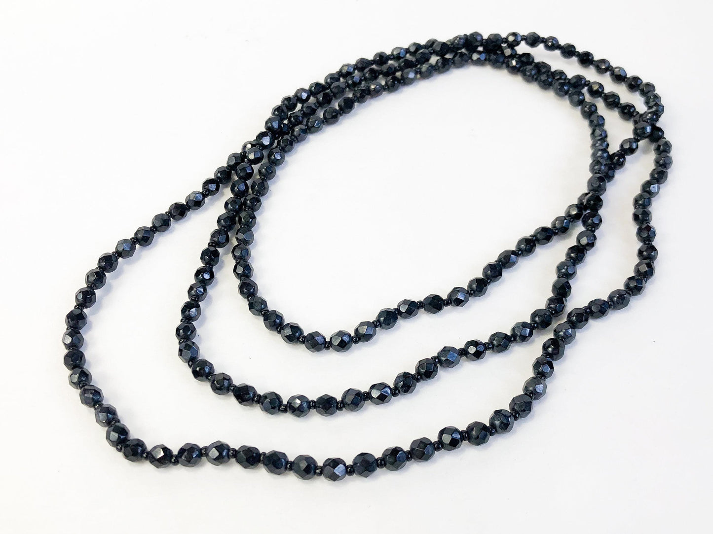 1960s Glass Beaded Necklace | 60s Black Faceted Glass Bead Rope
