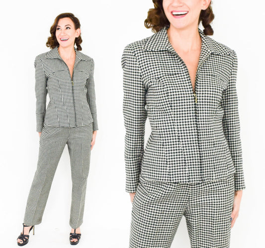 1970s Lilli Ann Grey Houndstooth Wool Pantsuit, Jacket & Pants Set, Medium