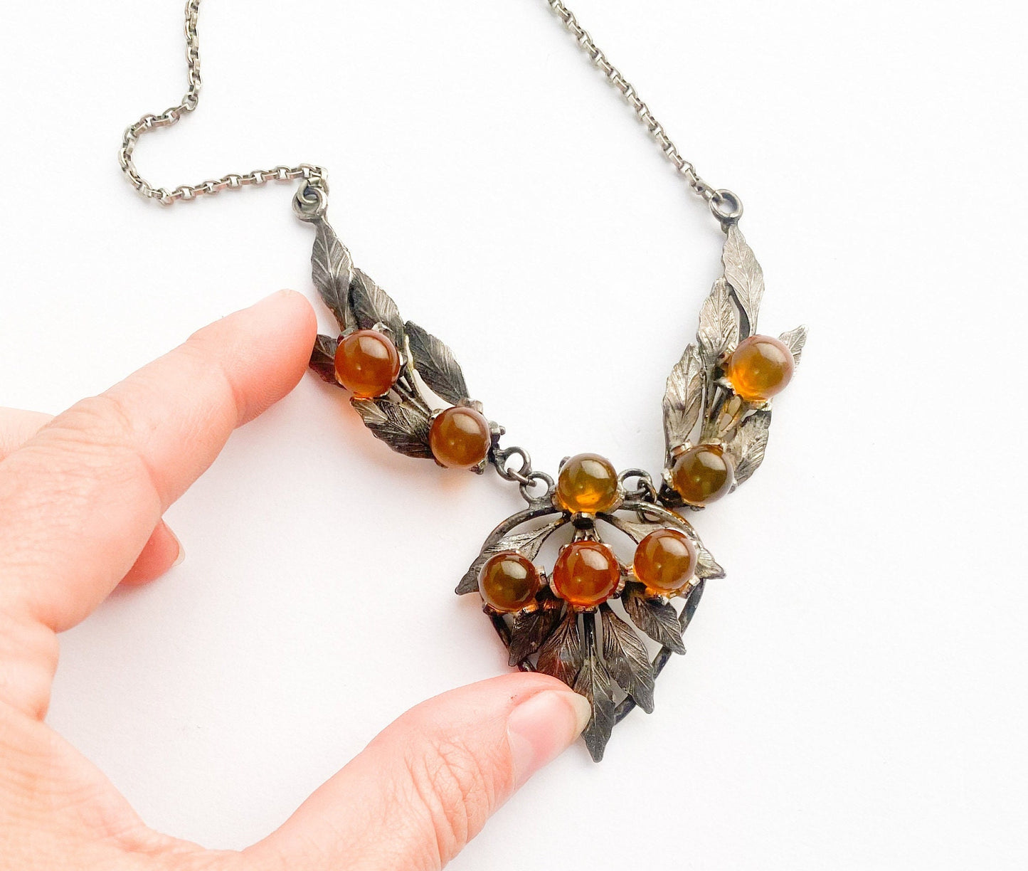 1930s Silver Leaves Necklace | Vintage Pendant with Brown Berries