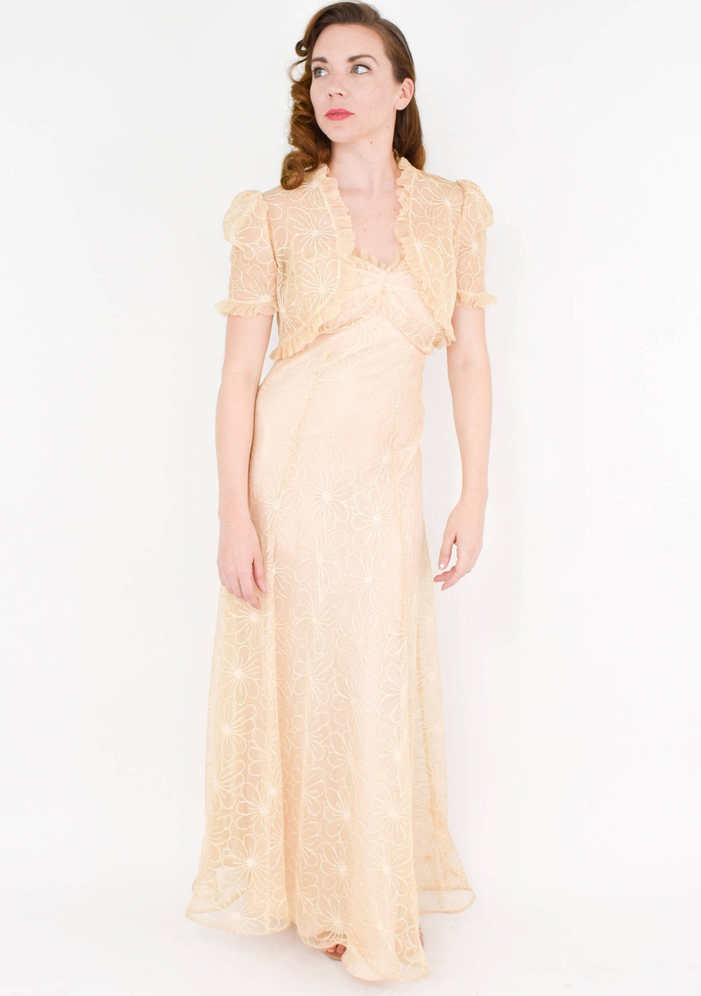 1930s Beige Tambour Lace Evening Dress & Bolero, Old Hollywood Style Wedding, Small