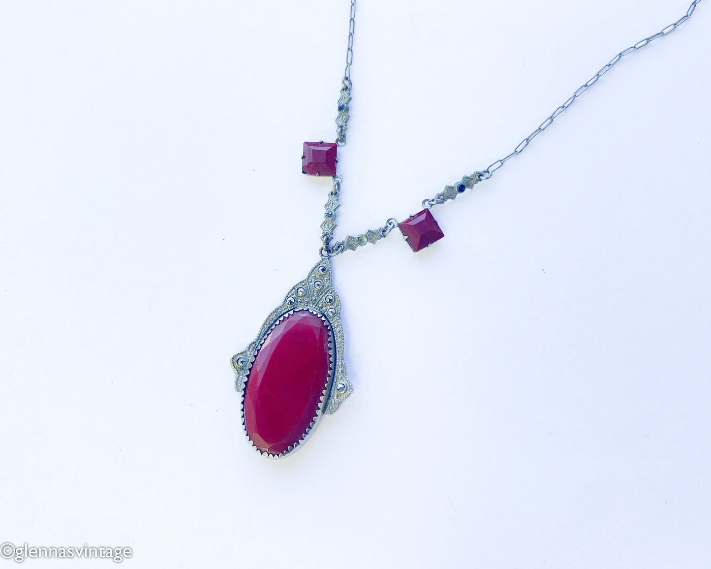 1920s Art Deco Red  Necklace | Red Faceted Glass Pendant
