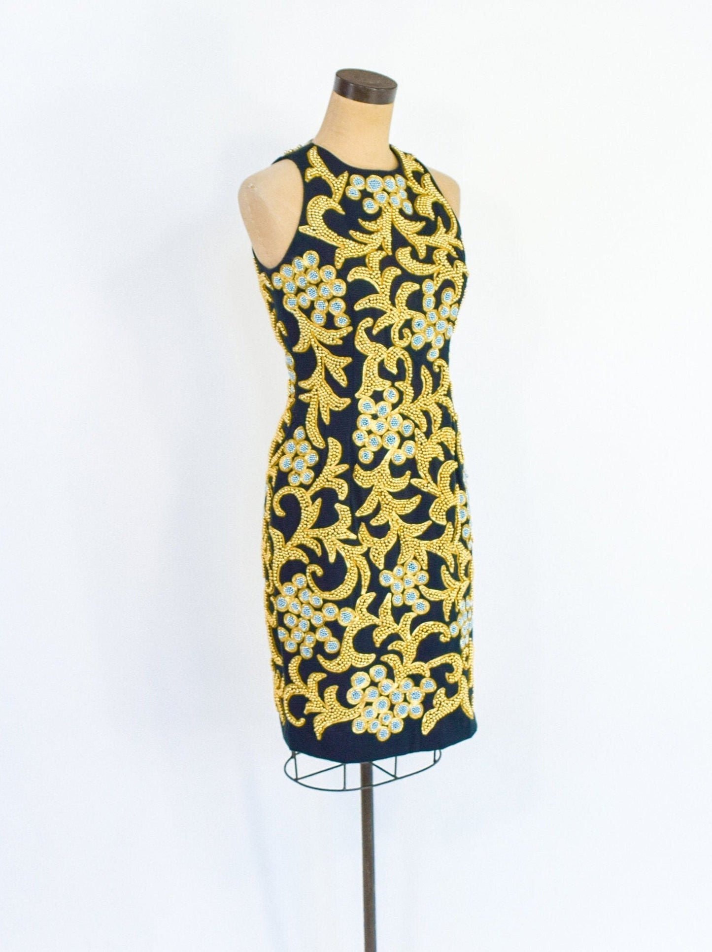 Bill Blass | 1980s Black & Gold Beaded Cocktail Dress | 80s Gold Beaded Black Sheath Dress | Bill Blass | Small