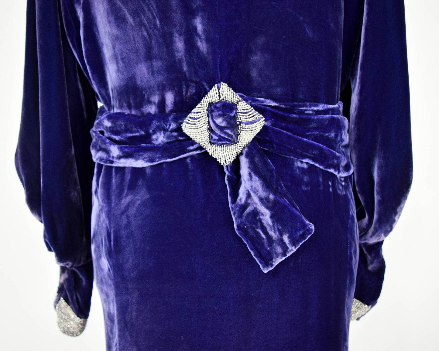 1900s Purple Silk Velvet Gown, Beaded Evening Dress, Medium Large