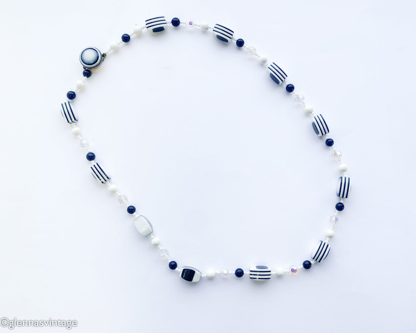 1960s Black & White Plastic Long Beaded Necklace | 60s Black White Crystal Bead Necklace