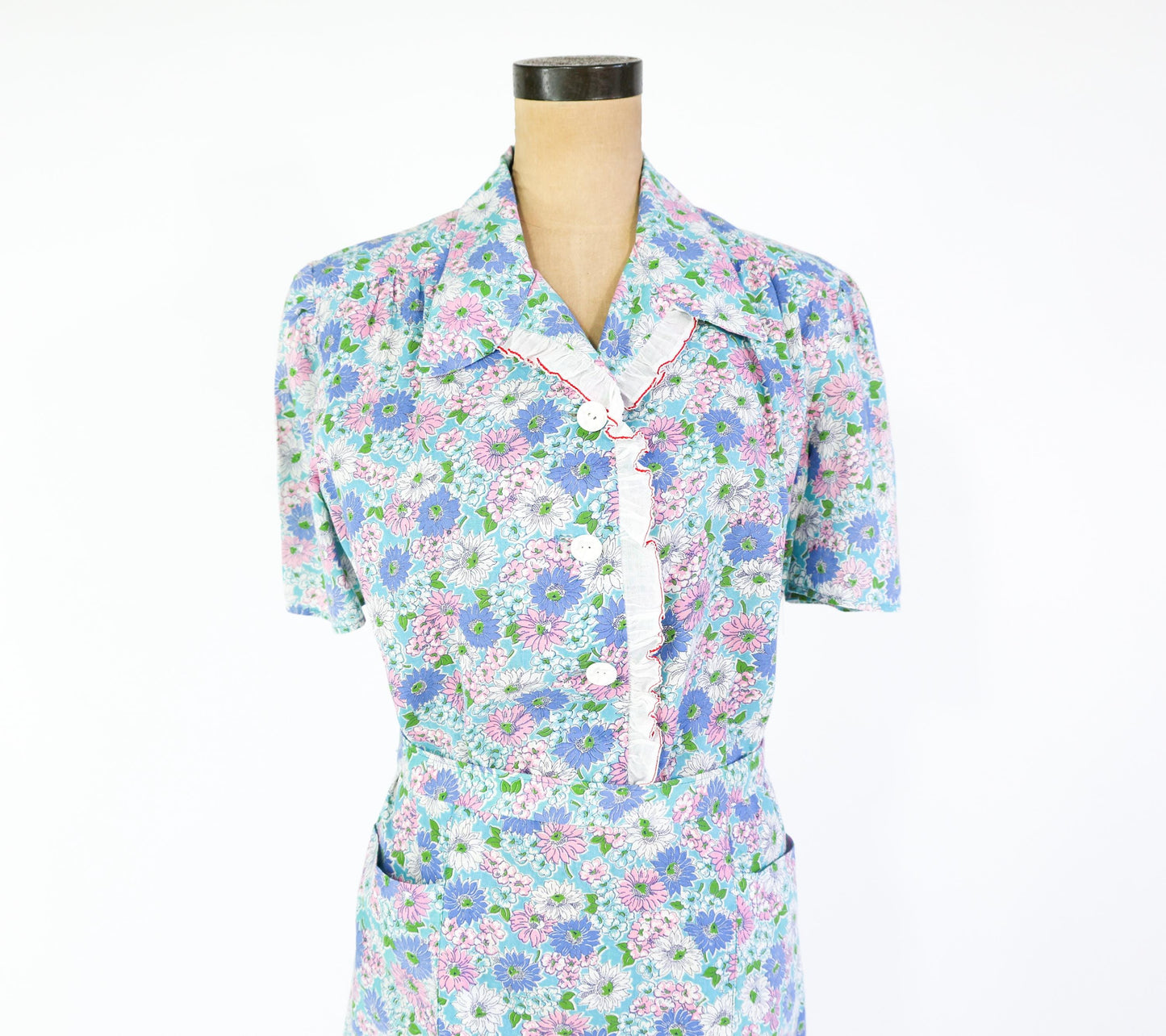 1940s Blue Pink Floral Cotton Day Dress, 40" Waist