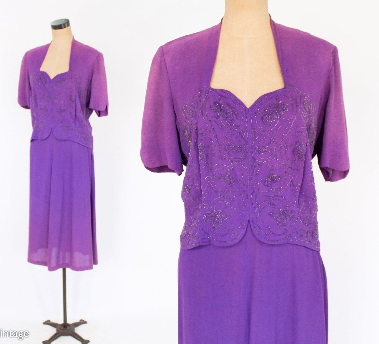 1940s Purple Beaded Evening Suit, Blouse & Skirt Set, Large