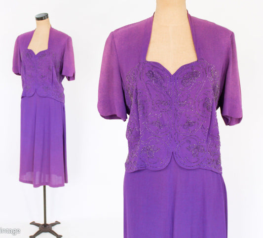 1940s Purple Beaded Evening Suit, Blouse & Skirt Set, Large