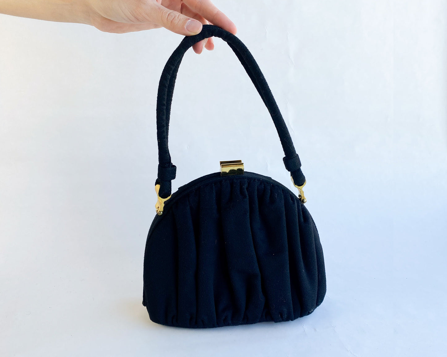 1940s Black Wool Handbag | 40s Black Gathered Wool Purse