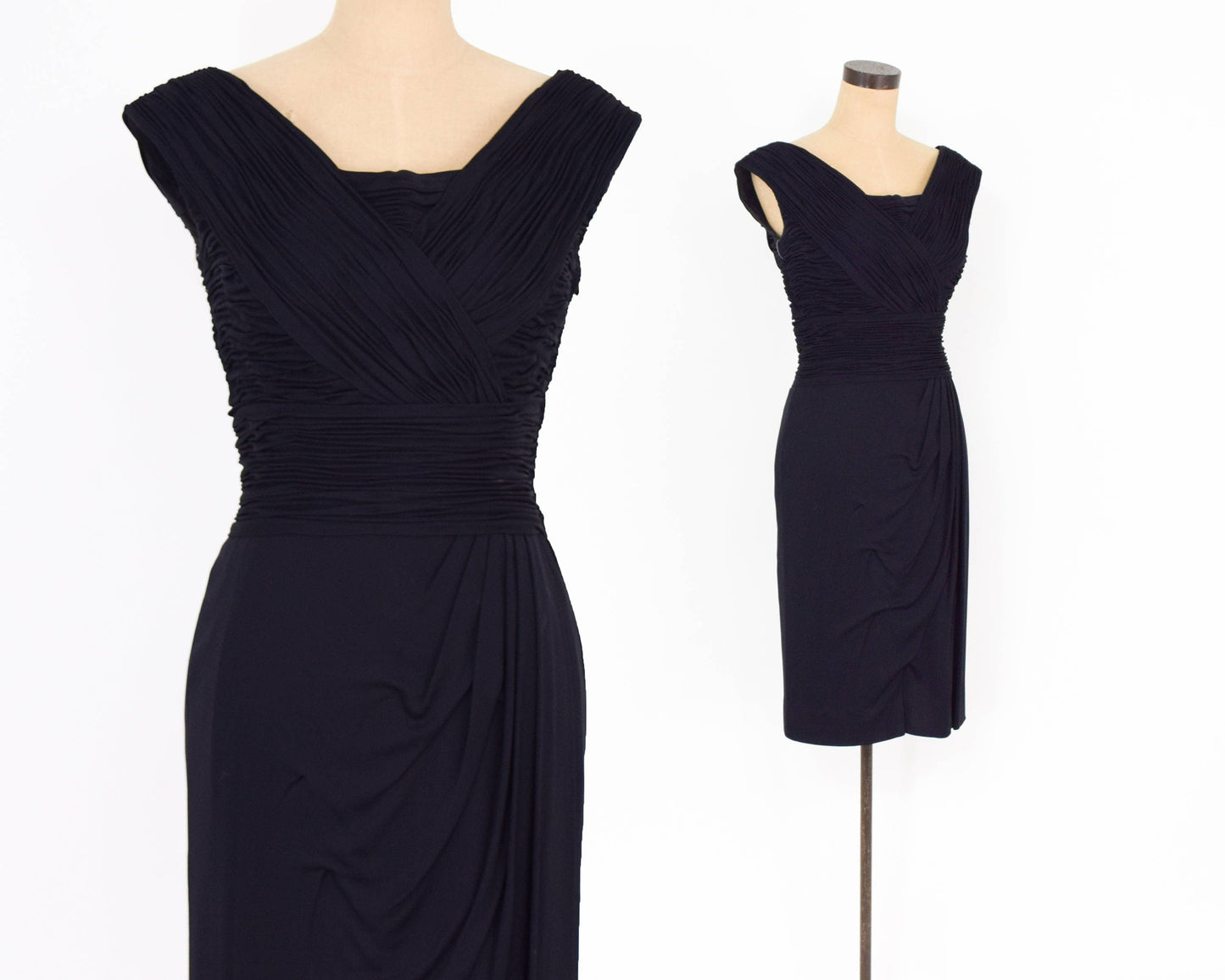 1940s Black Ruched Cocktail Dress | 40s Black Jersey Evening Dress | Wiggle Dress | Schrenders Germany | Medium