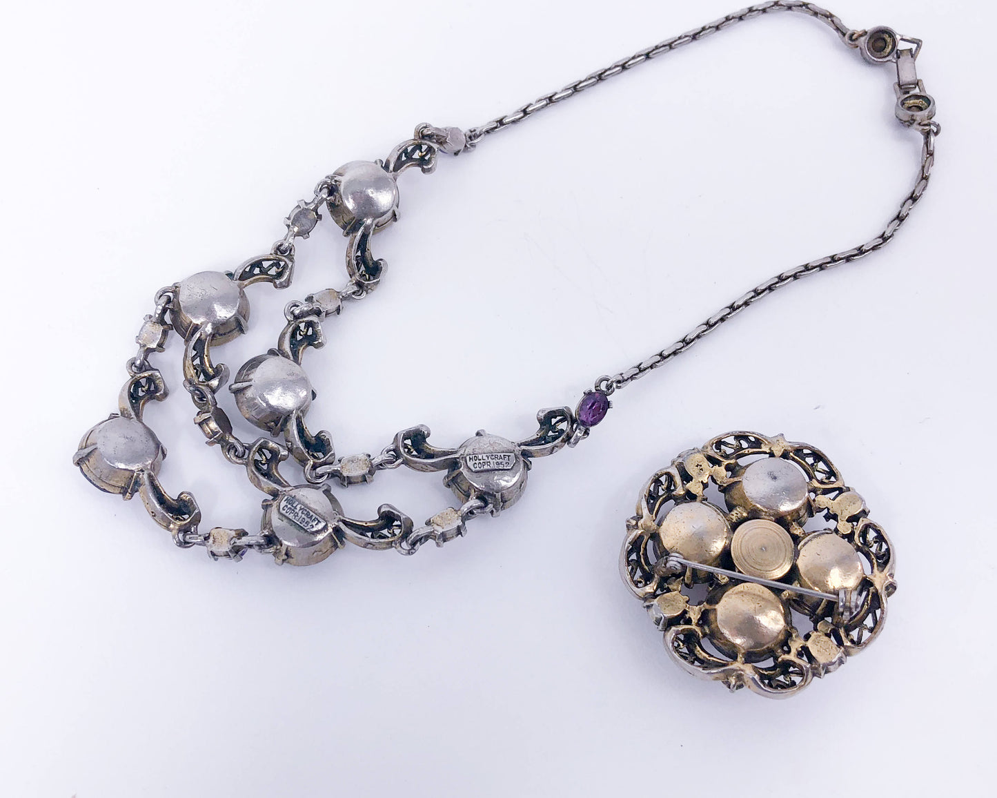Hollycraft 1950s Amethyst Necklace Brooch Set | Purple Necklace & Trembler Pin