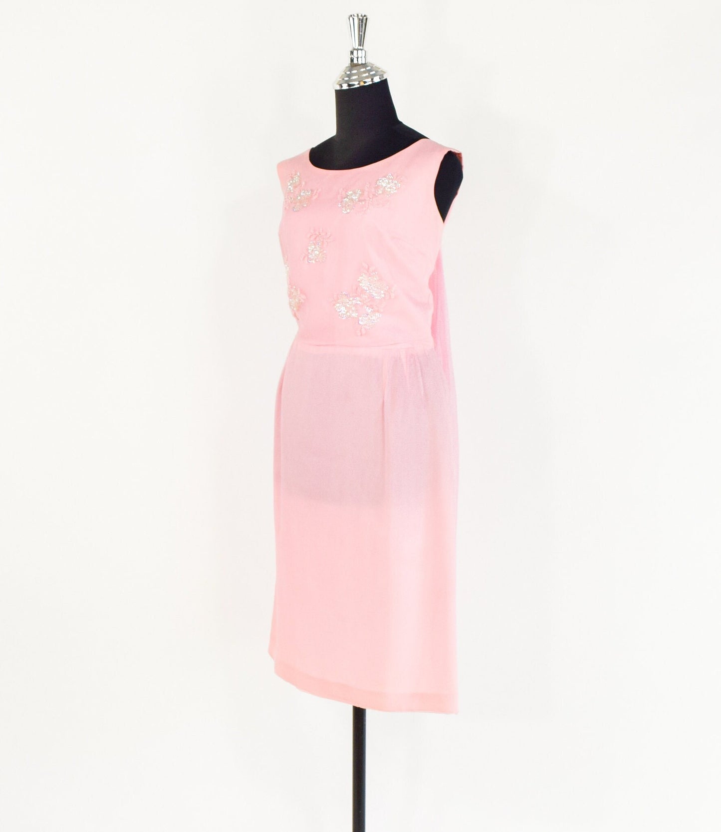 1950s Pink Chiffon Party Dress | Sequin Beaded Cocktail Gown, Large