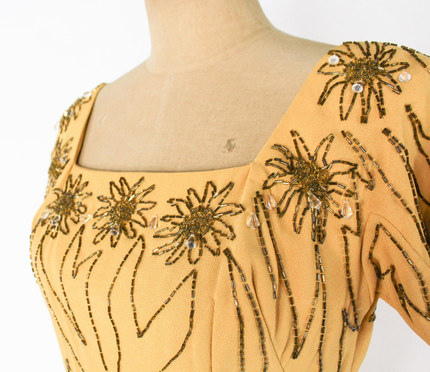 1950s Yellow Beaded Cocktail Dress, Small