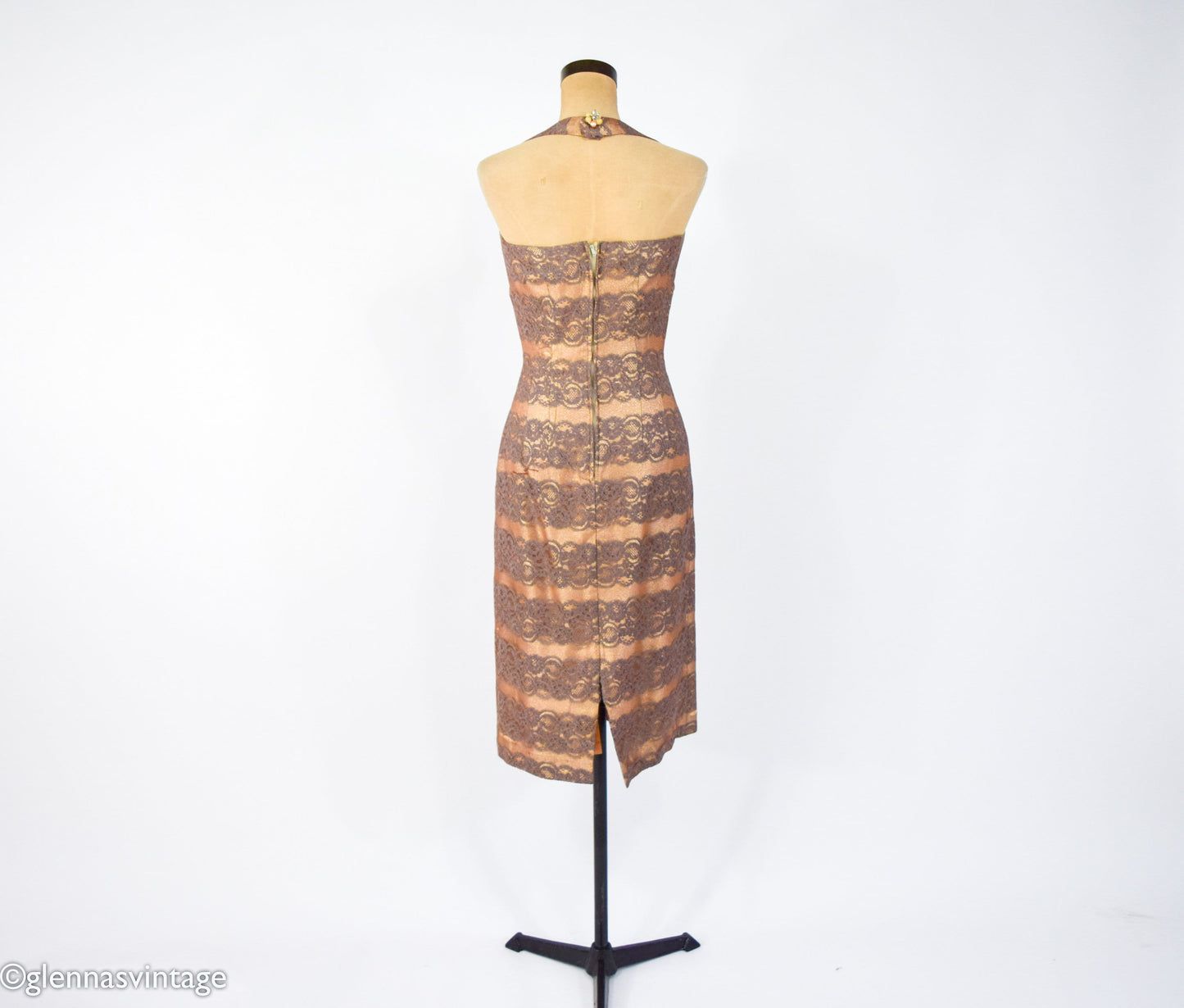 1950s Gold Lame & Brown Lace Sheath, Small