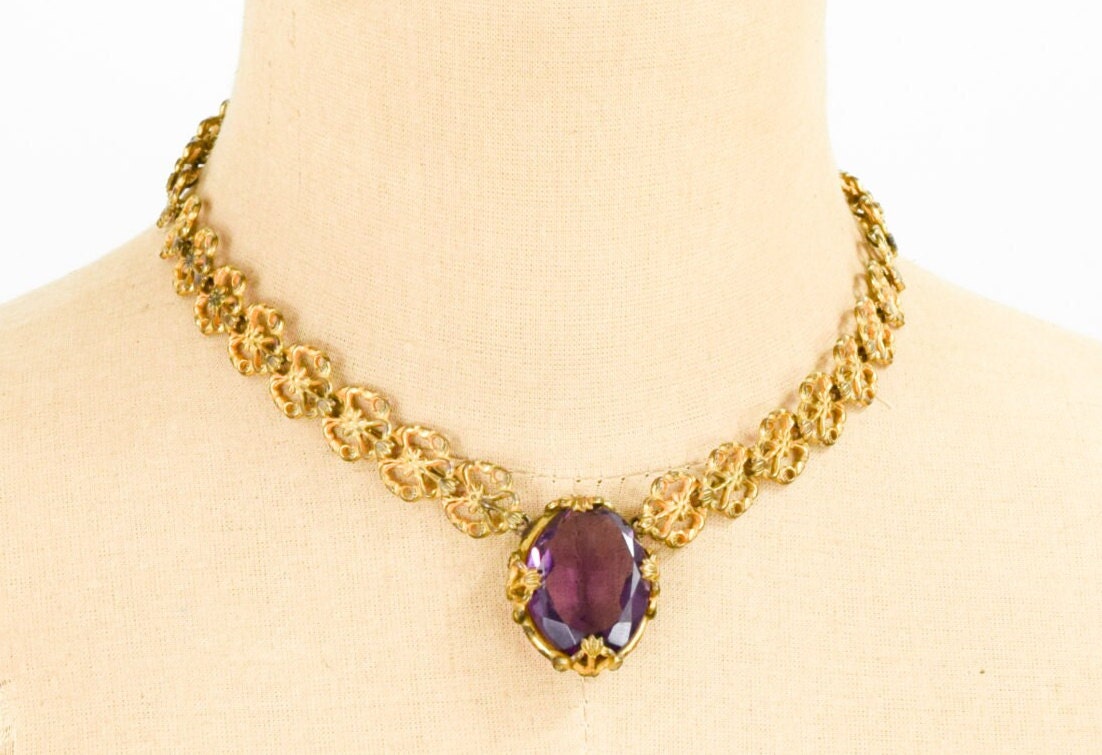 1930s Filigree Necklace | Gold & Purple Glass Pendant