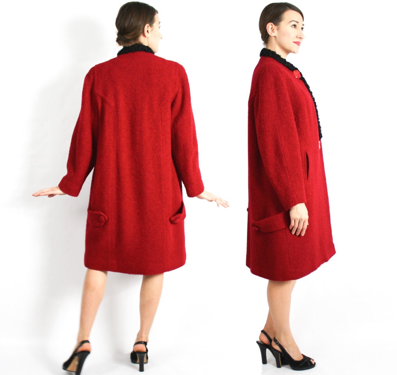 1940s Red Wool Boucle Coat with Black Persian Lamb Trim, Large