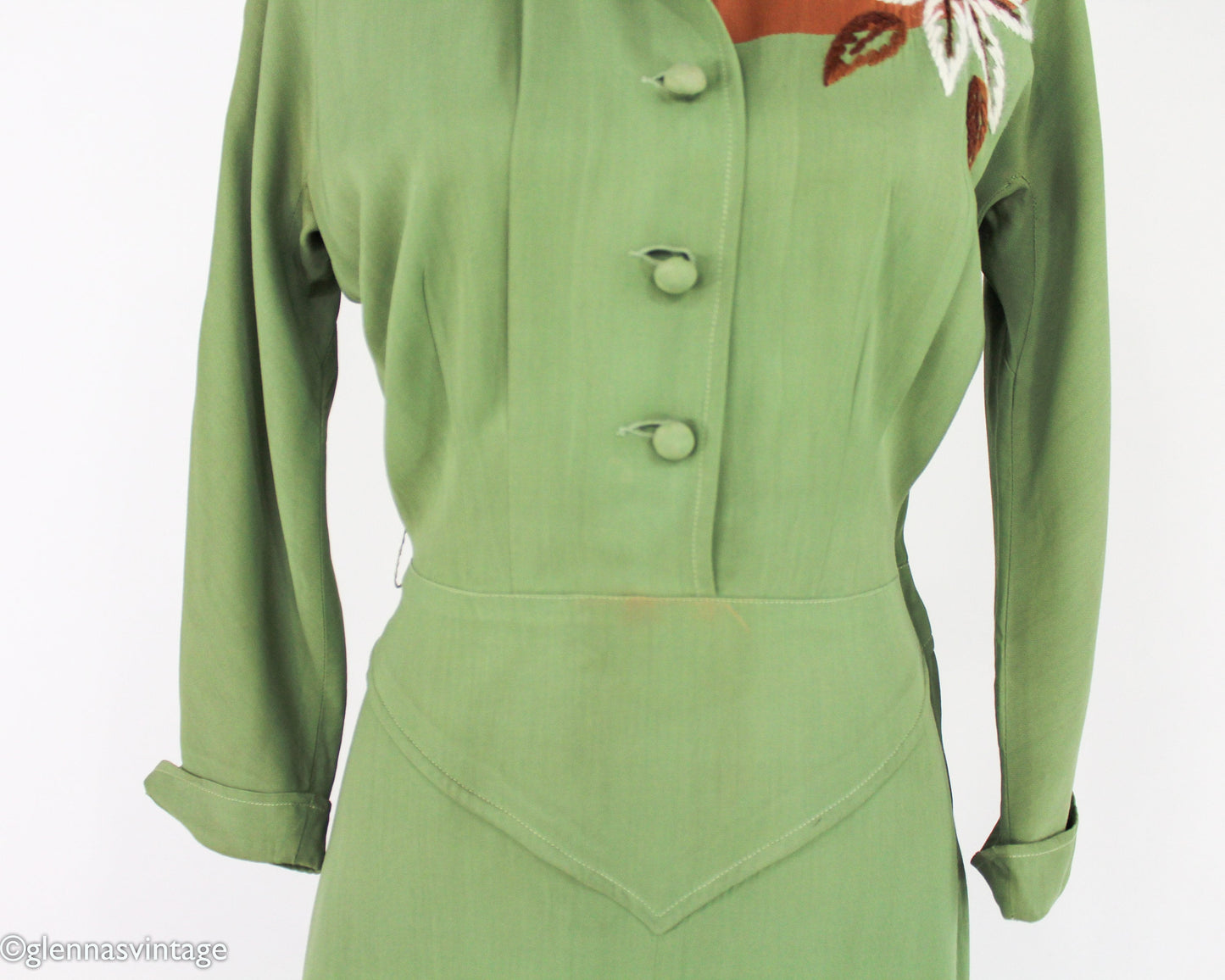1940s Green Cotton Dress | 40s Green Embroidered Dress | Old Hollywood | Small