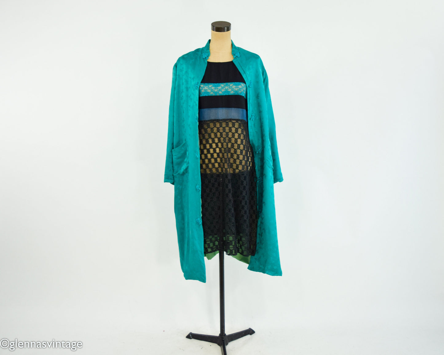 1960s Turquoise Silk Evening Coat | 60s Emerald Green Silk Coat | Cathay | Large