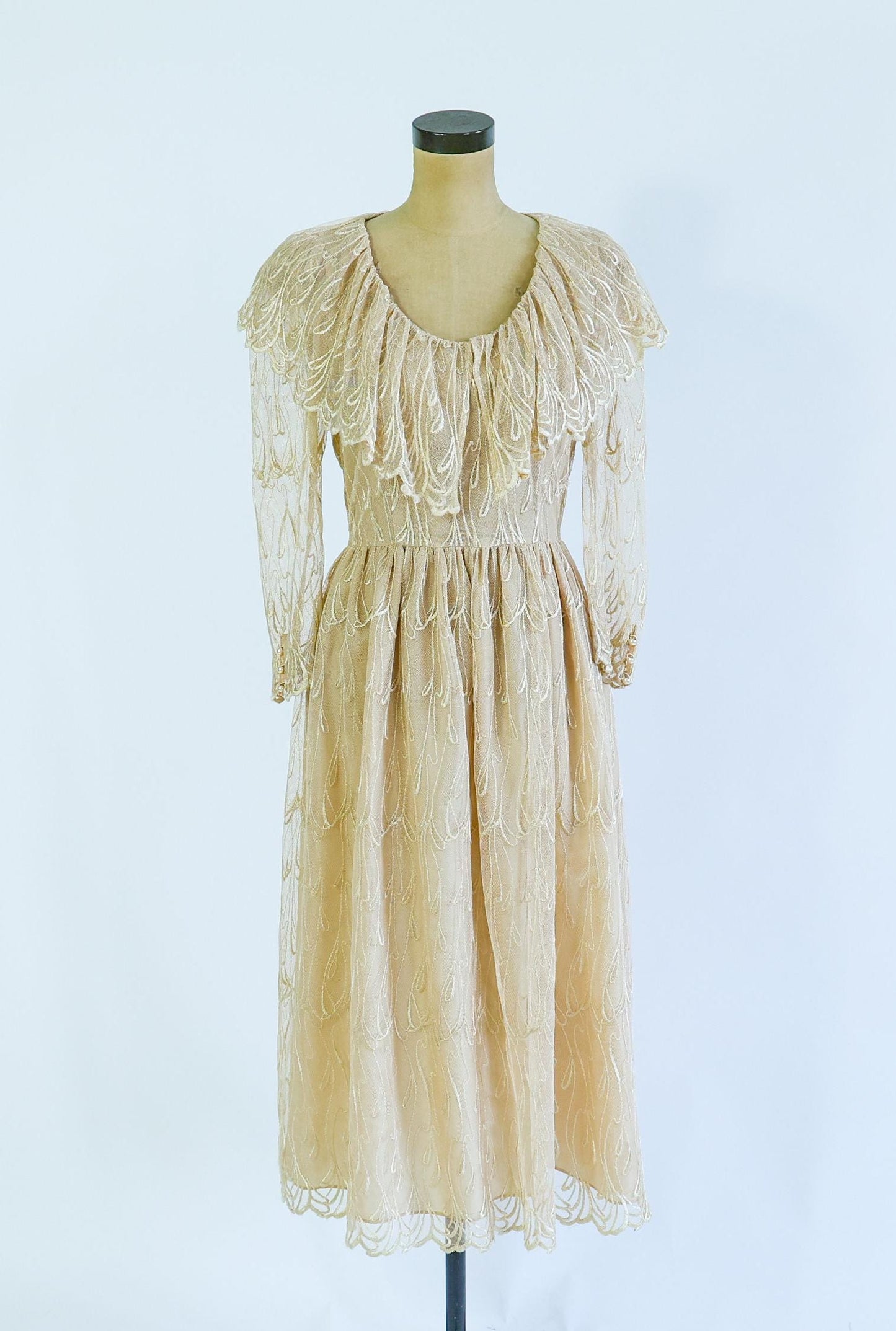 1980s Beige Lace Party Dress | Ruffled Portrait Collar, Medium