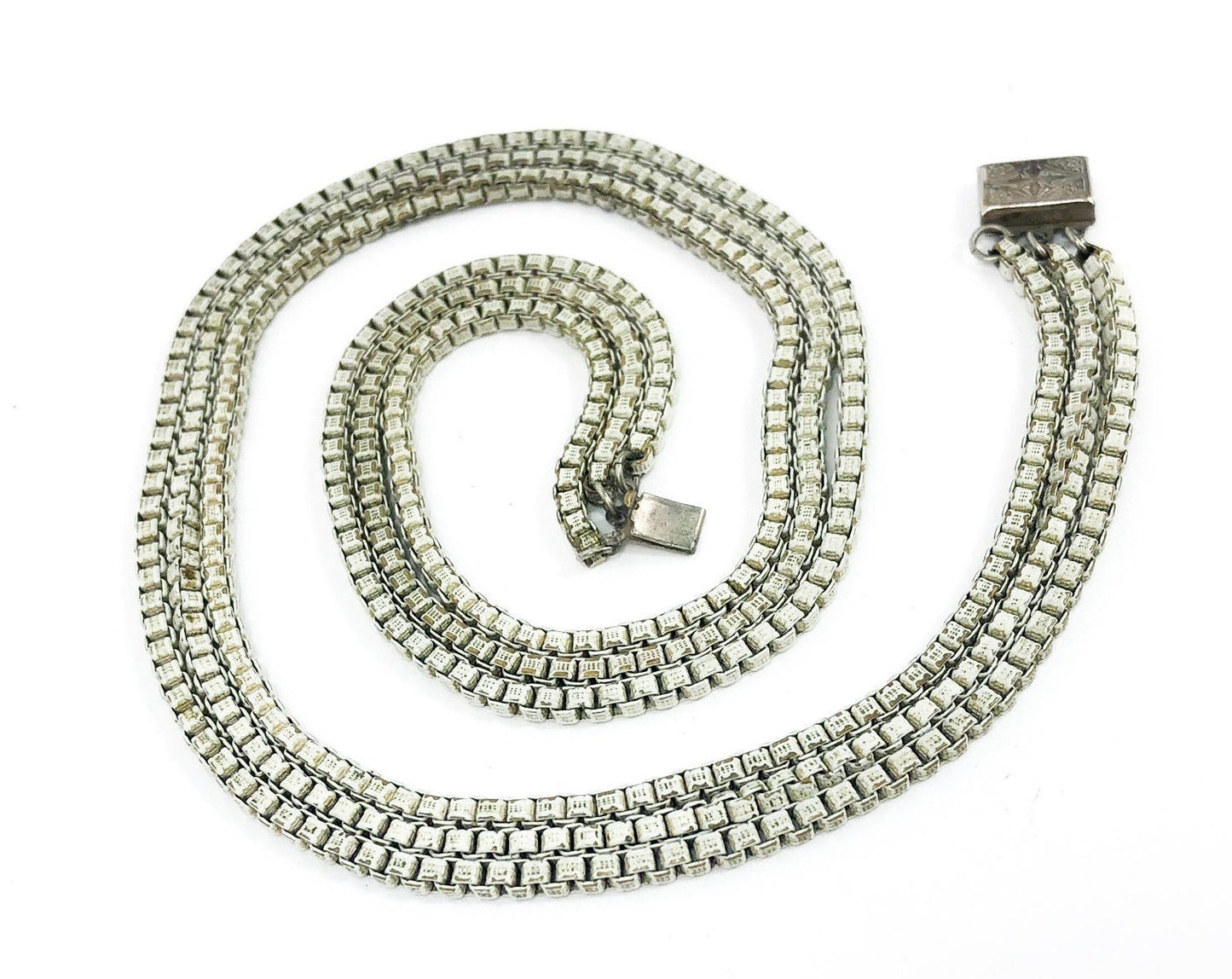 1930s White Enamel Box Chain Necklace | 30s White Box Chain Choker | 3 Strand Necklace