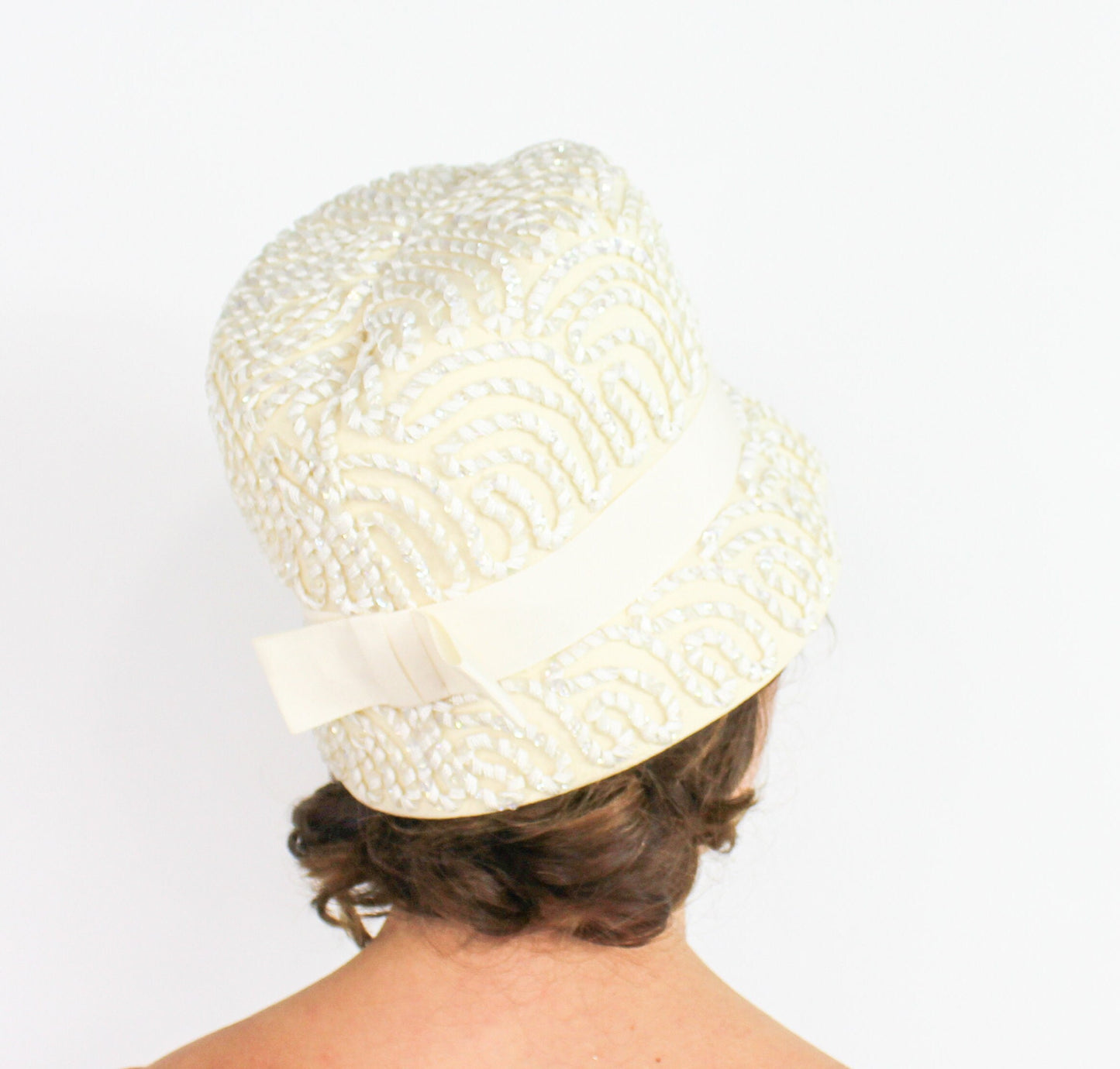 1960s Creme White Sequin Wool Felt Bucket Hat