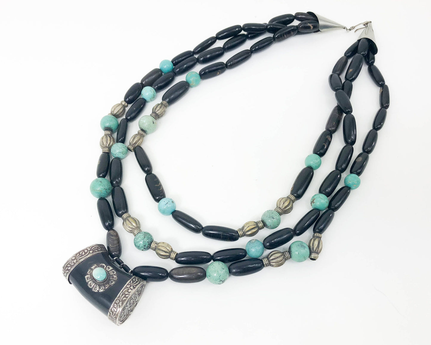 1970s Vintage Black Hippie Beaded Necklace | Black & Turquoise Necklace