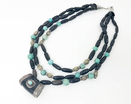 1970s Vintage Black Hippie Beaded Necklace | Black & Turquoise Necklace