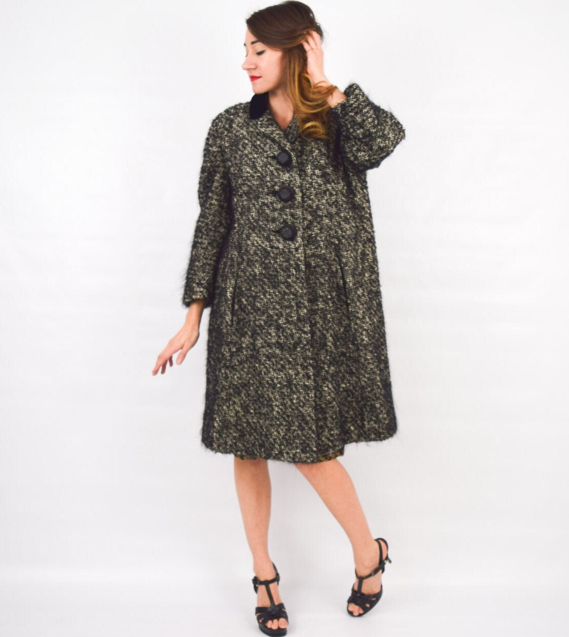 1960s Black Tweed Wool Coat | 60s Black Velvet & Mohair Wool Coat | Red Satin Lining | I. Magnin | Large