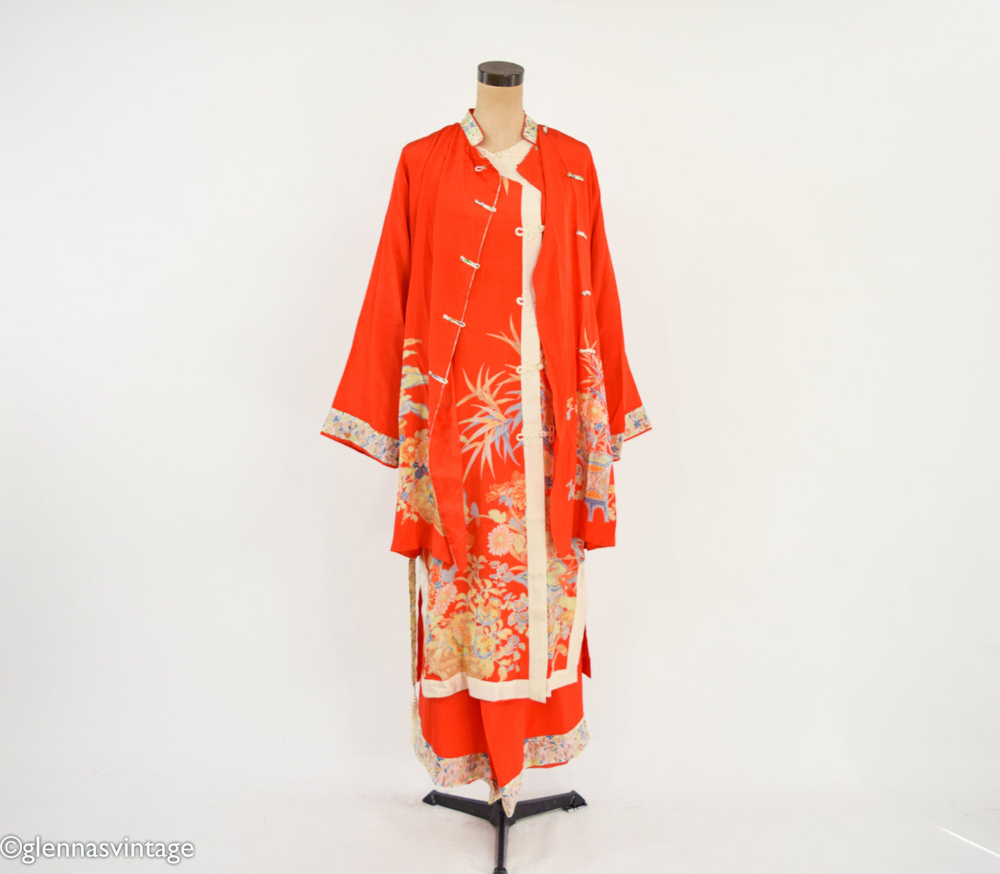 1940s Orange Print Silk Robe and Pajama Set, Large