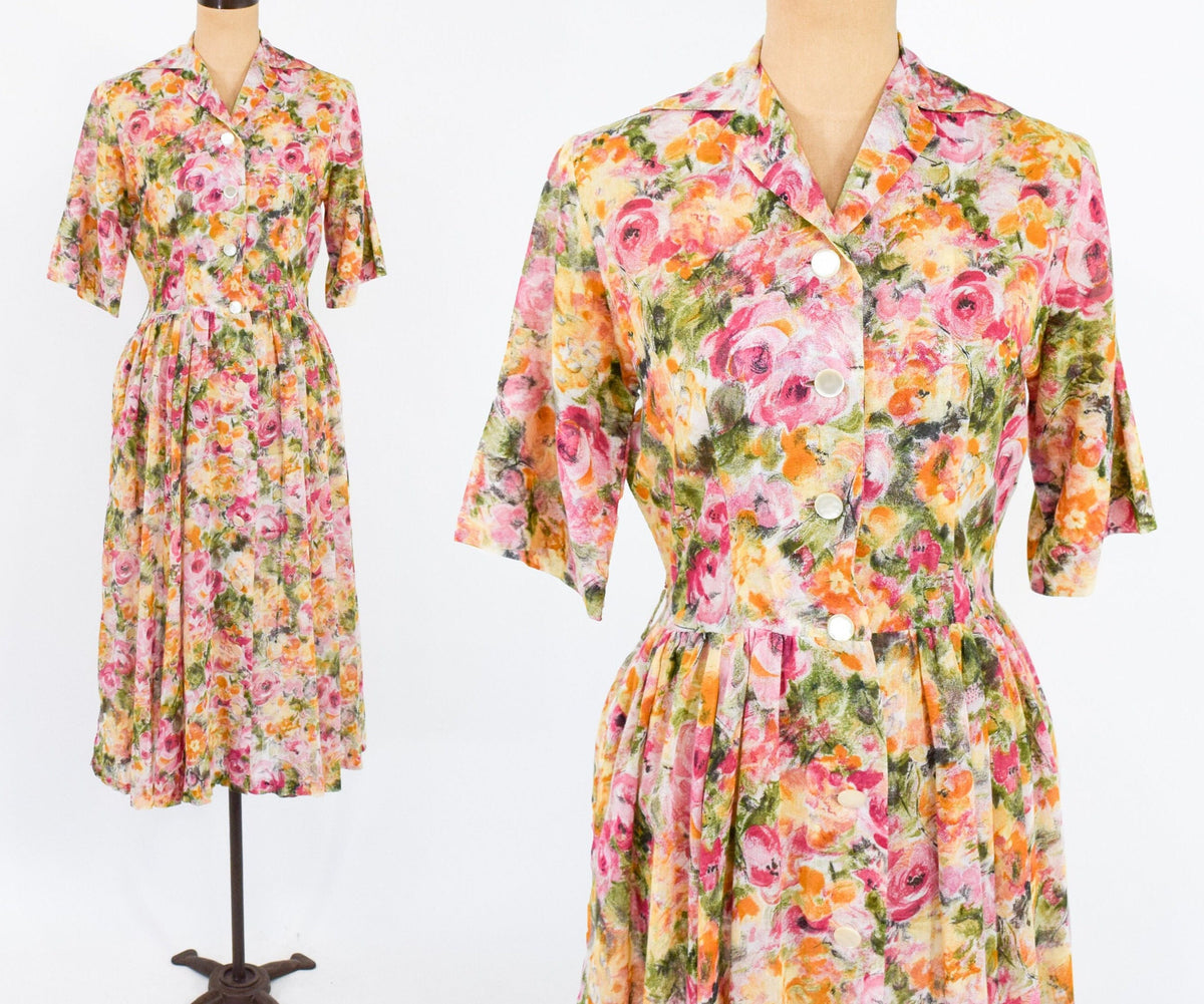 1950s Floral Cotton Shirtwaist Dress | Orange Sheer Fabric, Medium
