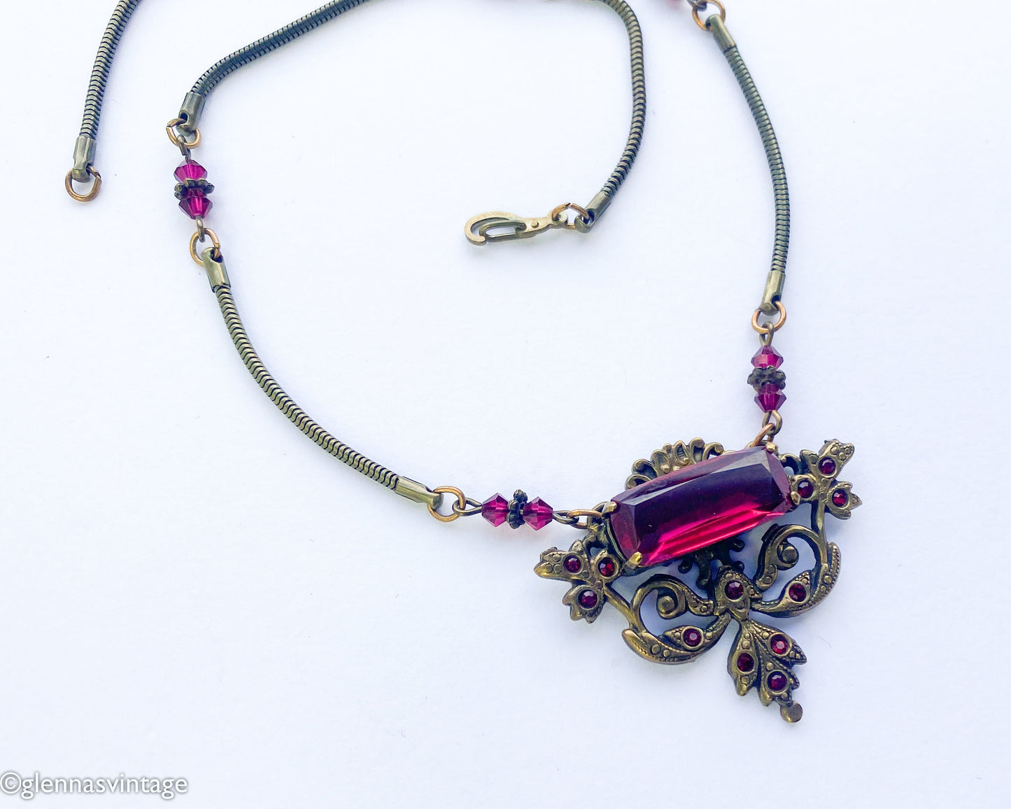 1940s Red Glass Pendant Necklace | Bronze Coil Chain
