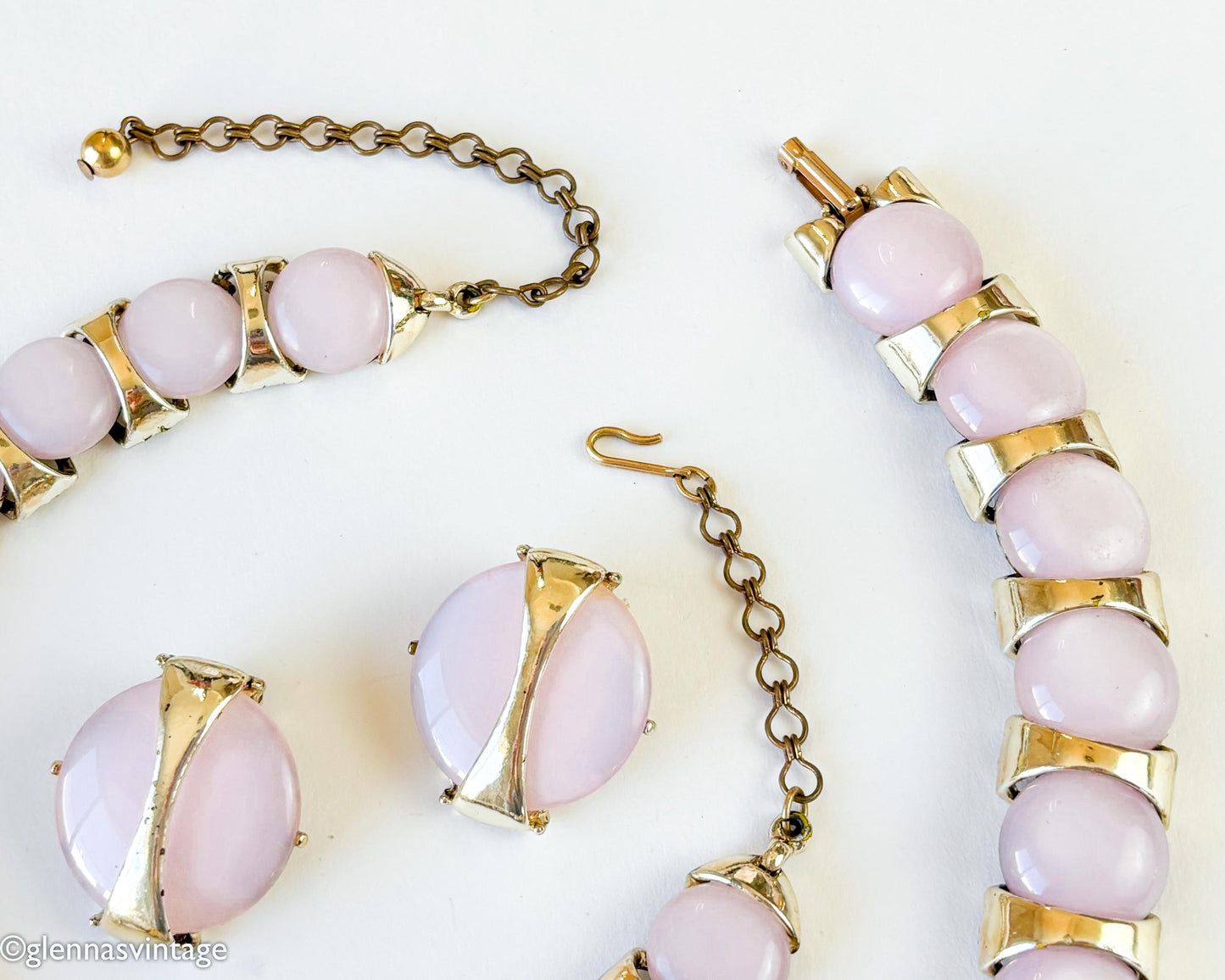1960s Pink Lucite Parure Jewelry Set, Necklace Bracelet & Earrings