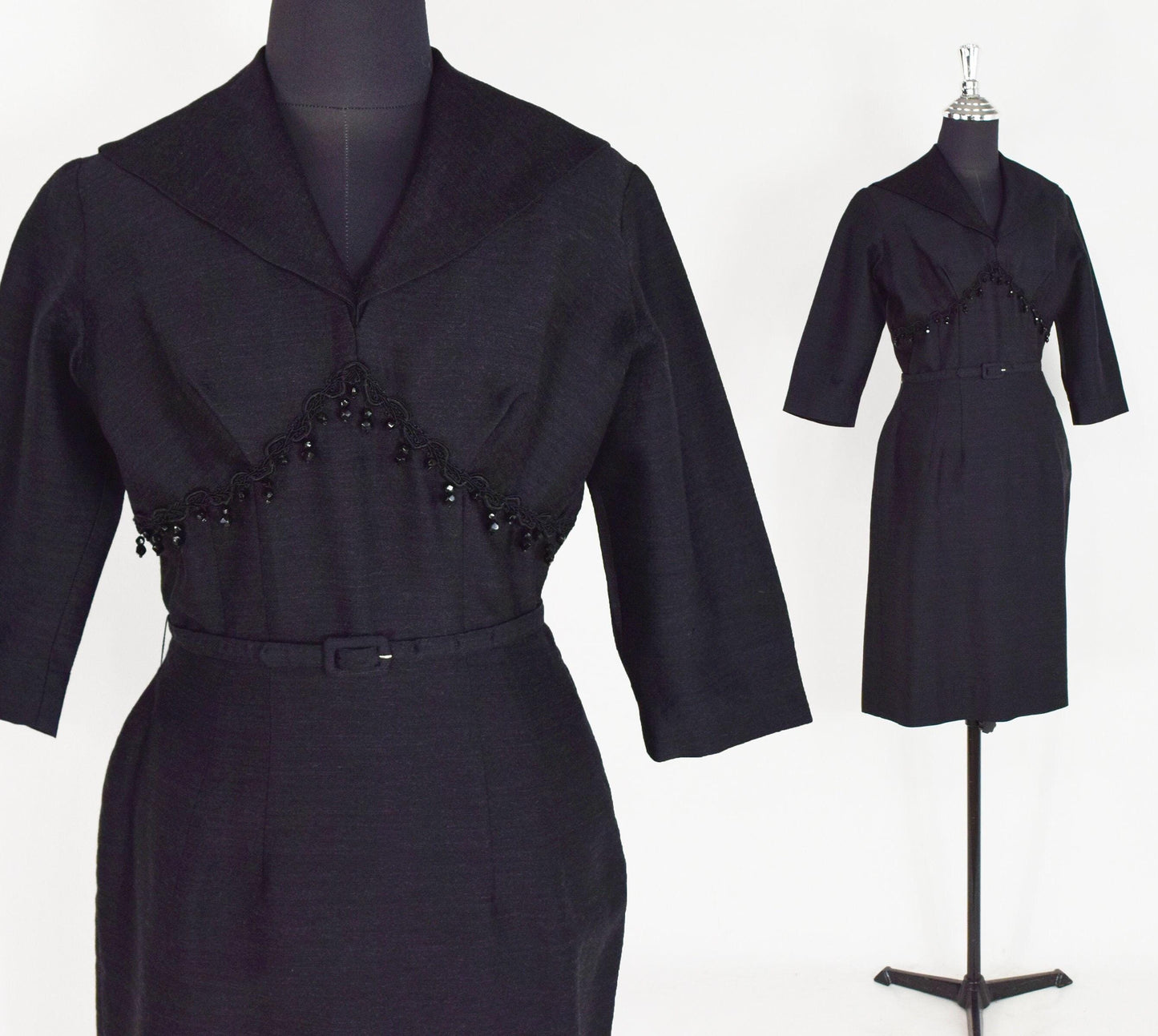 1940s Charcoal Gray Wool Dress with Collar | 40s Black Secretary Dress | White Removable Collar | Day to Night Dress | Chumley | Medium