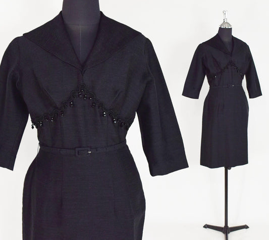 1940s Charcoal Gray Wool Dress with Collar | 40s Black Secretary Dress | White Removable Collar | Day to Night Dress | Chumley | Medium