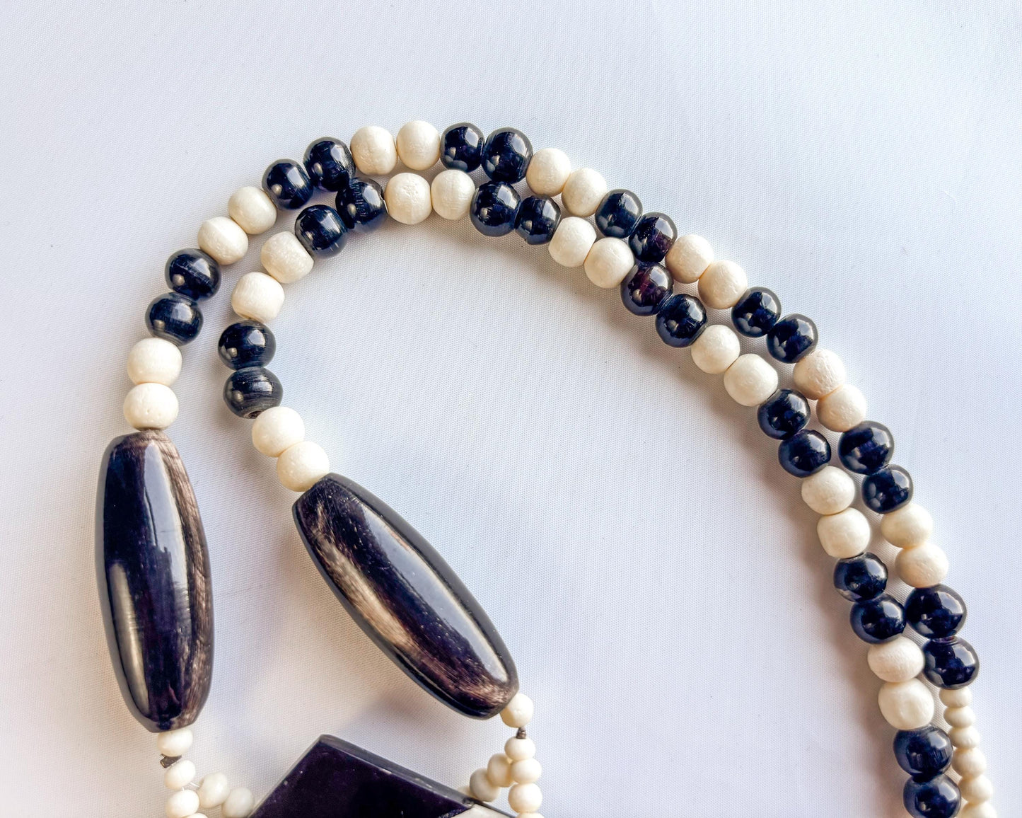 1970s Op Art Necklace | Black & White Wood Bead Plastic Pendant