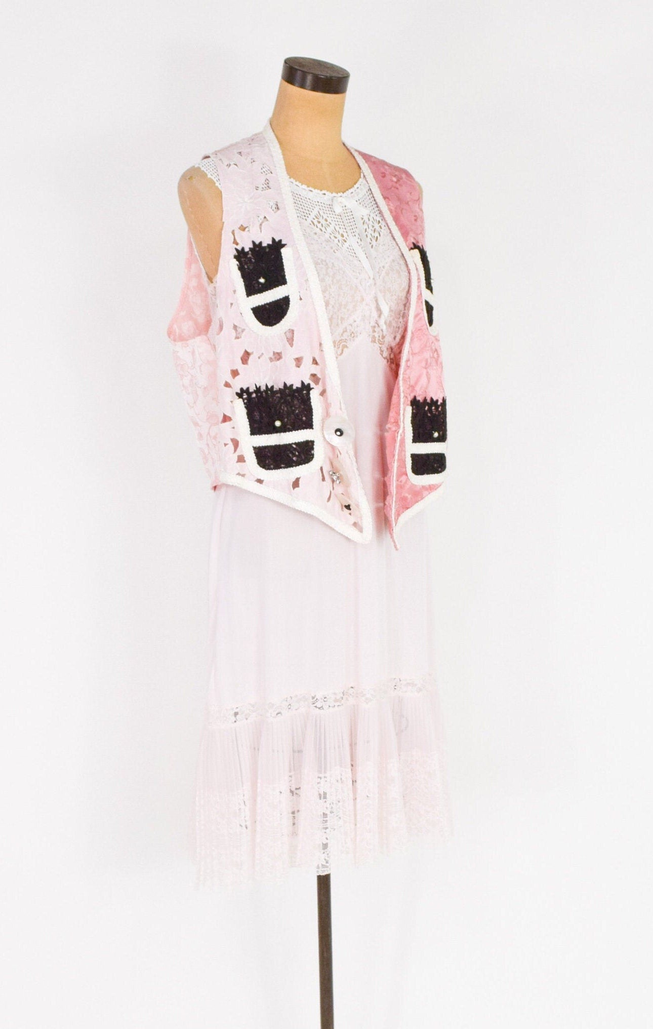 1990s White Crochet Top Dress and 1990s Pink Vintage Fabric Vest