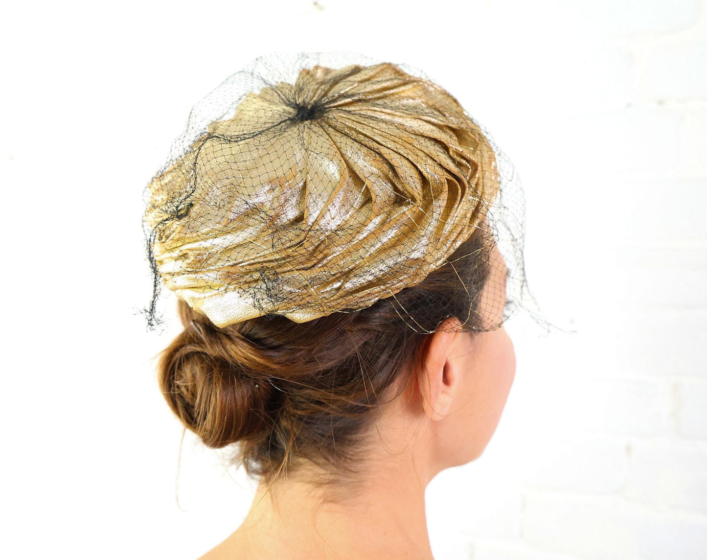 1950s Metallic Gold Fabric Hat | 50s Gold Metallic Gathered Hat