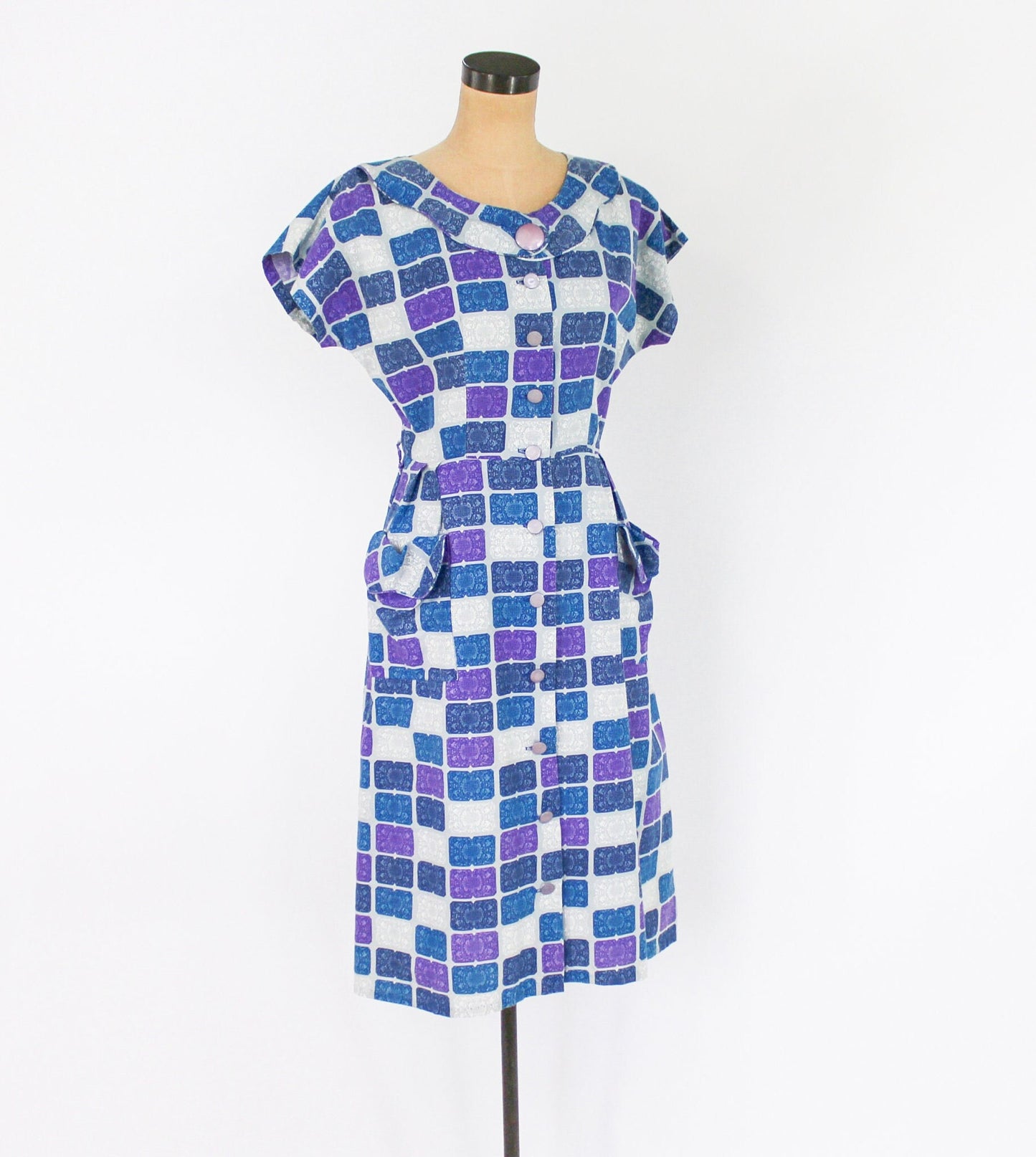 1950s Blue Purple Print Cotton Day Dress Rockabilly, Large