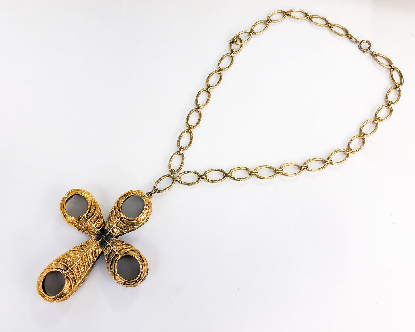 1970s Tortoloni Gold Cross Pendant Necklace | Brushed Metal Boho