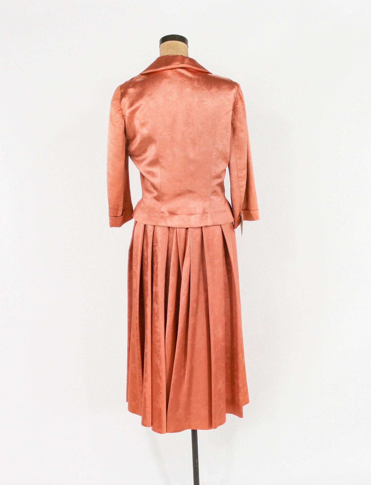1940s Peach Satin Suit Set | 40s Orange Satin Wedding Skirt Suit Set | Medium