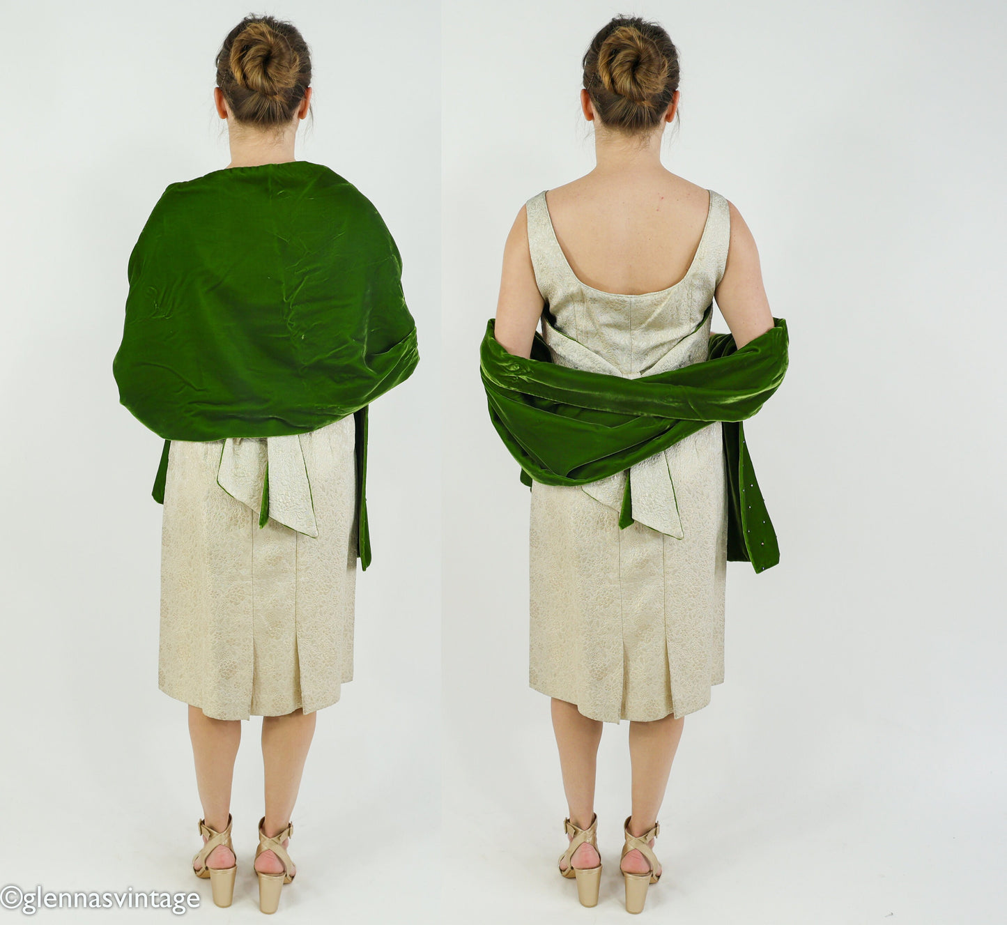 1950s Vintage Brocade Cocktail Dress with Green Velvet Rhinestone Shawl | Medium
