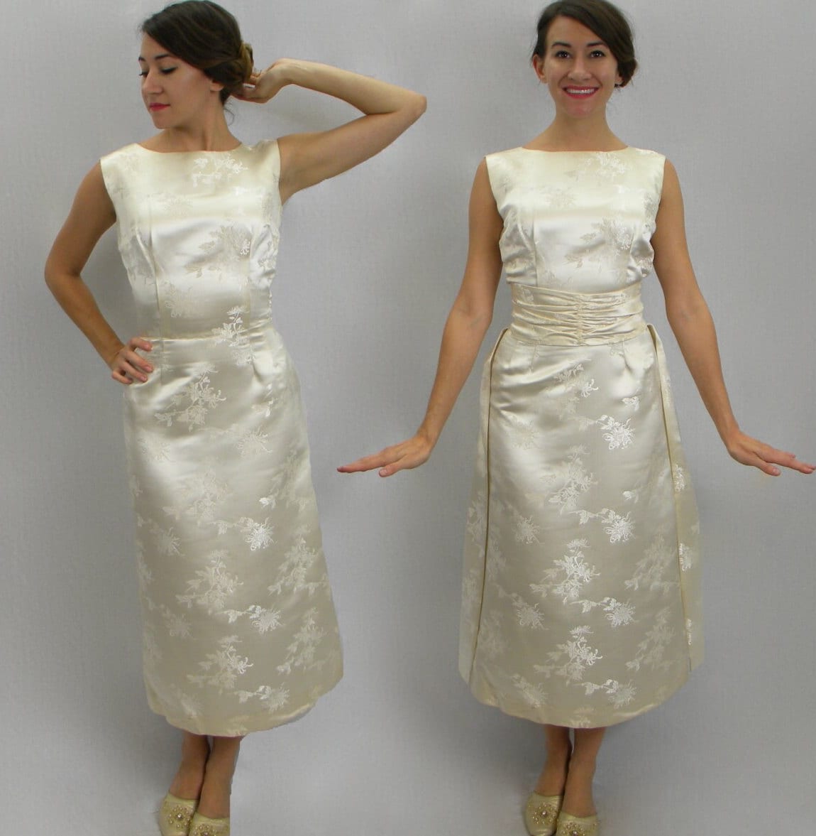 1950s Creme Silk Satin Dress, Small