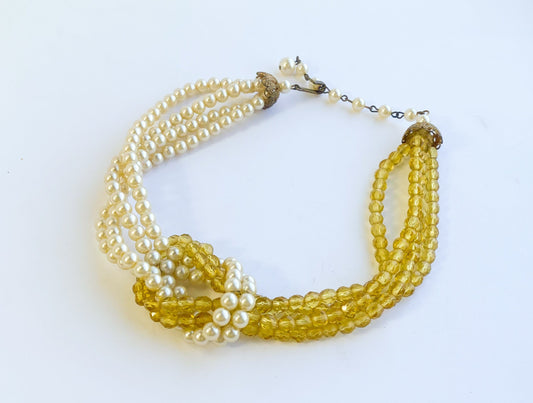 1950s Gold Crystal Necklace | 50s Crystal & Pearl Choker
