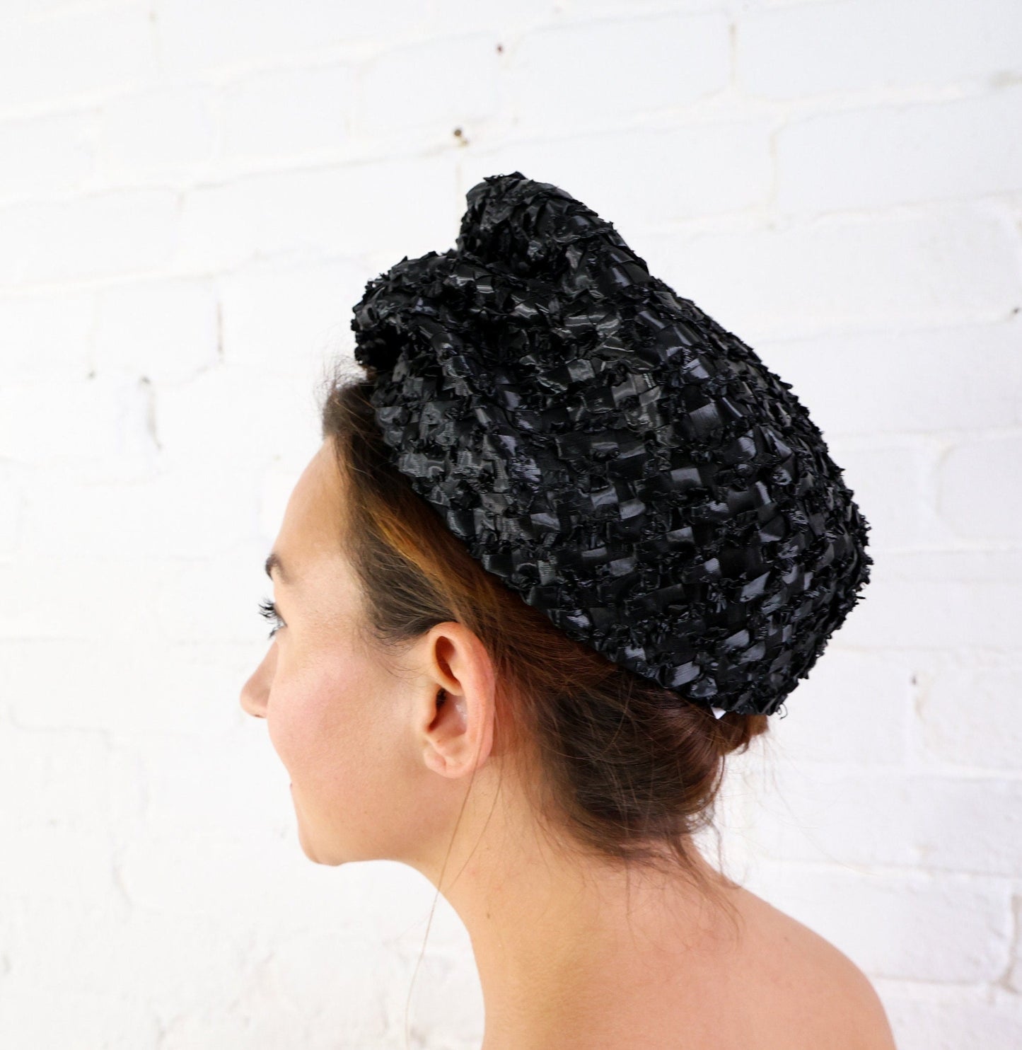 1960s Black Woven Raffia Hat, Jackie O Style