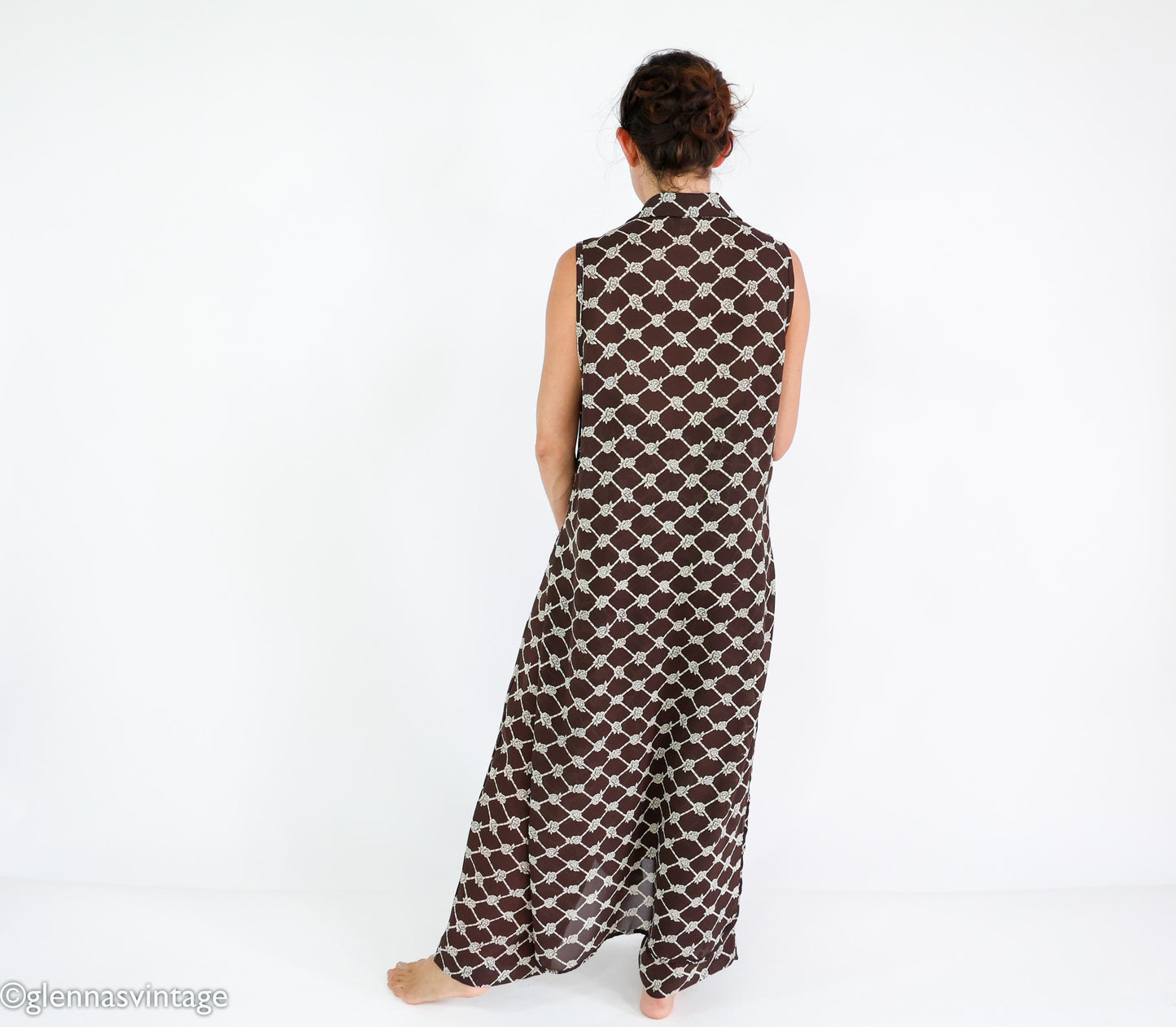 1990s Brown Print Dress & Pants | Sleeveless Dress Pant Set, Large