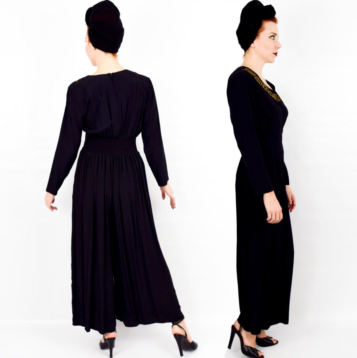 1990s Black Rayon Jumpsuit, Medium