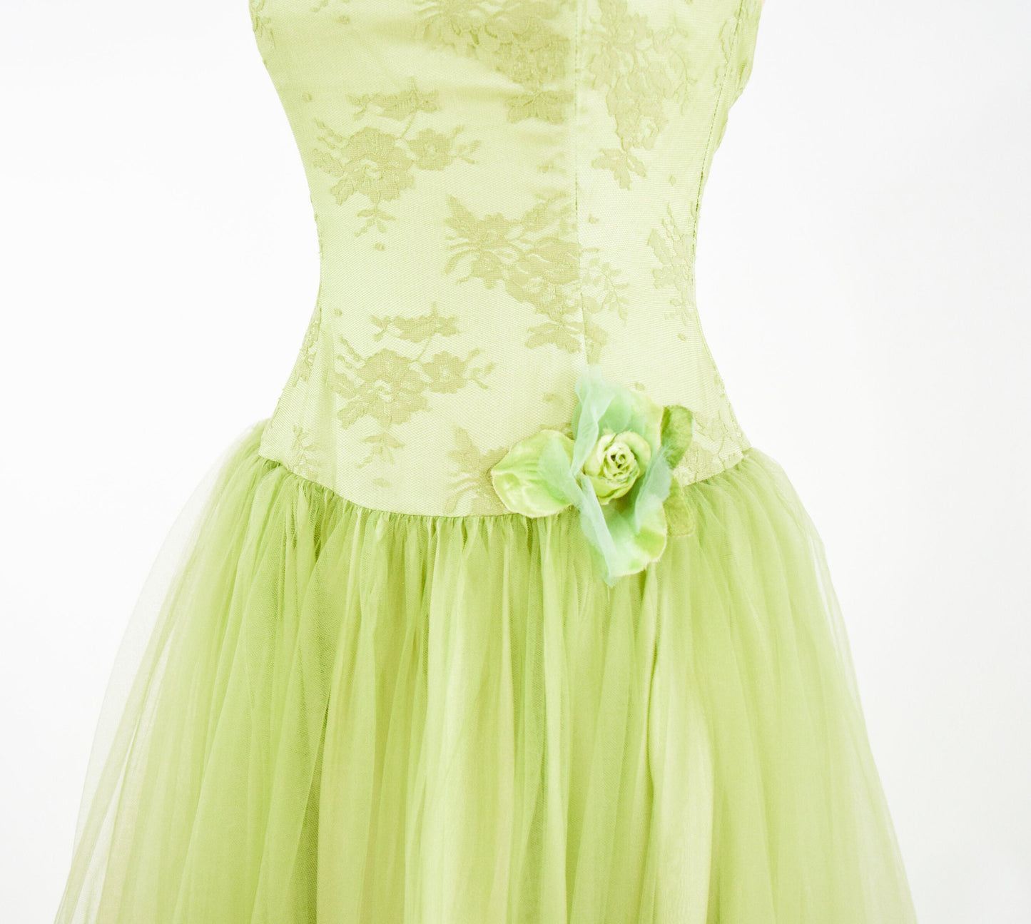 1990s Lime Green Party Dress | 90s Green Lace & Tulle Prom Dress | Green Strapless Evening Dress | Jessica McClintock | Small
