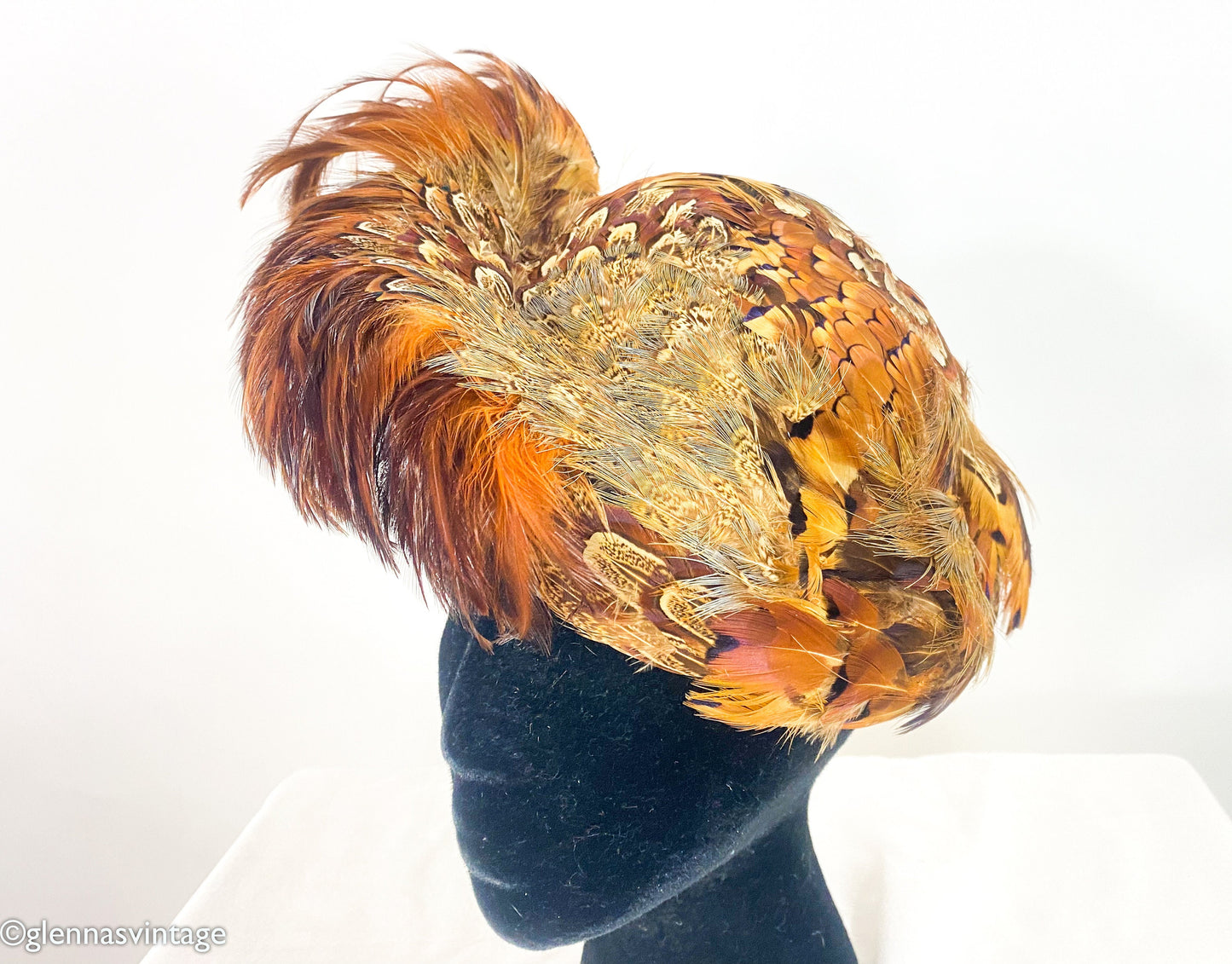 1940s Feather Fascinator Hat, Brown Quail Feather Saucer, Wool Felt