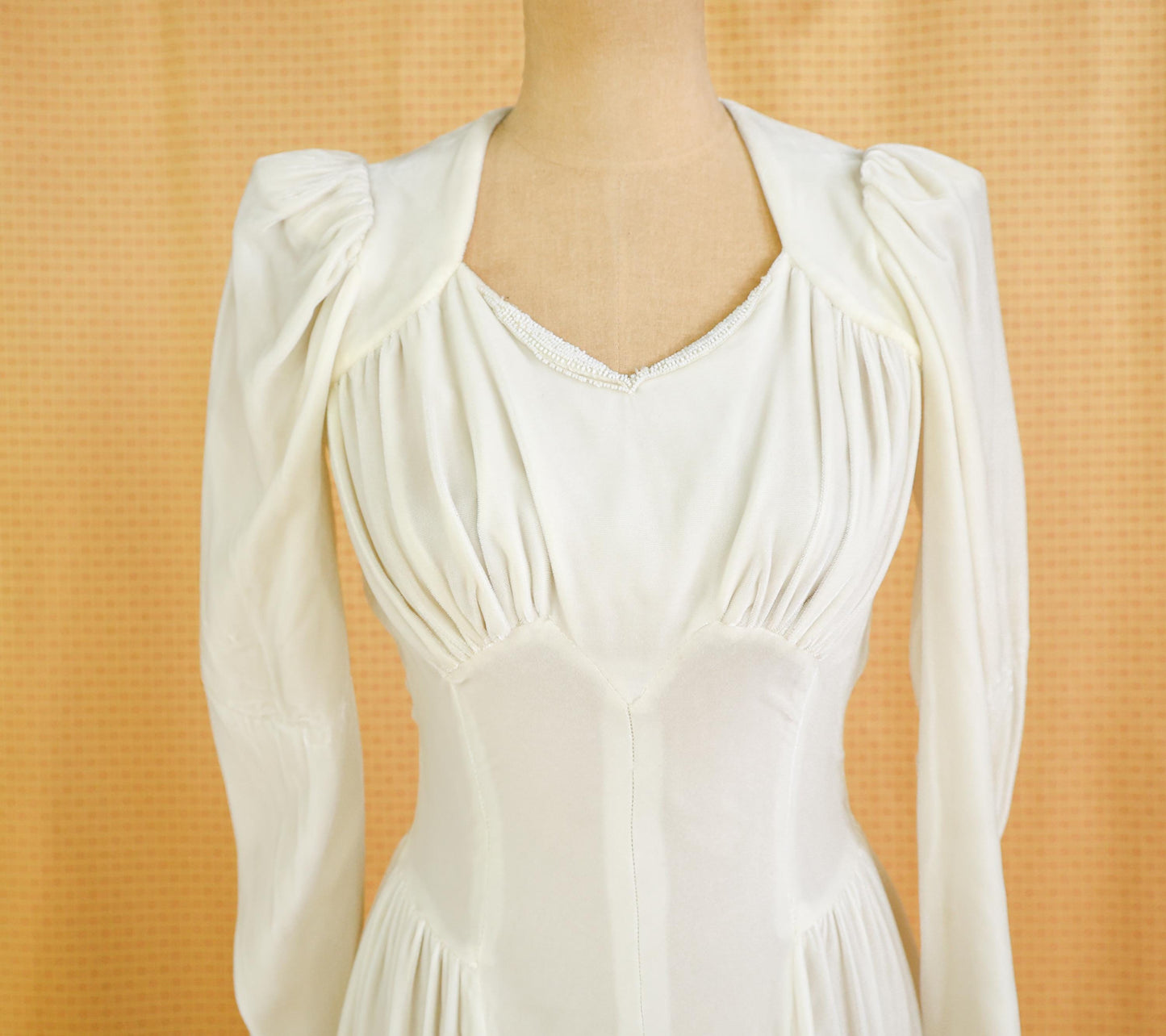 1930s Ivory Velvet Wedding Dress with Long Train, Extra Small